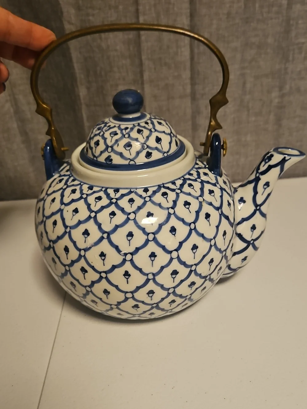 Andrea By Sadek Blue and White Ceramic Teapot with Brass Handle